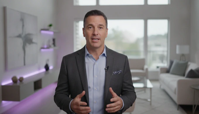 A real estate agent presenting a listing as an AI spokesperson in a bright living room