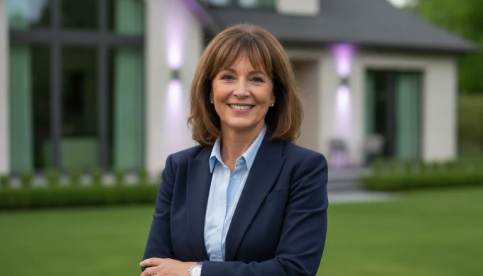 A real estate agent standing outside a bright family home in a listing video made from photos in Pictory