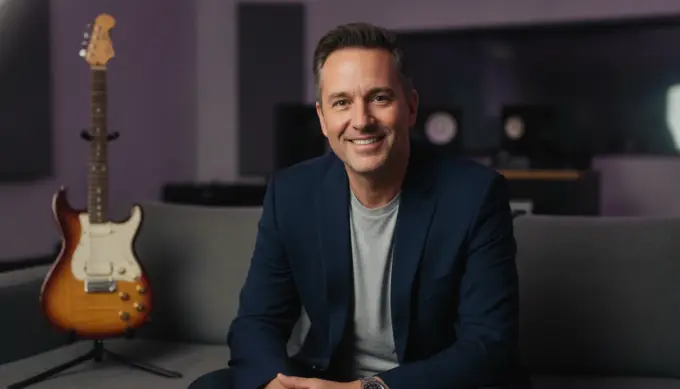 A record label manager in a studio lounge in a release video for a new album