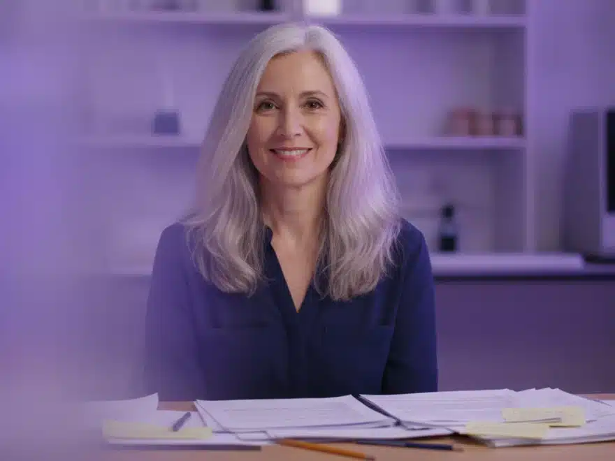 A researcher at her desk correcting a name in the subtitles of an interview video in Pictory