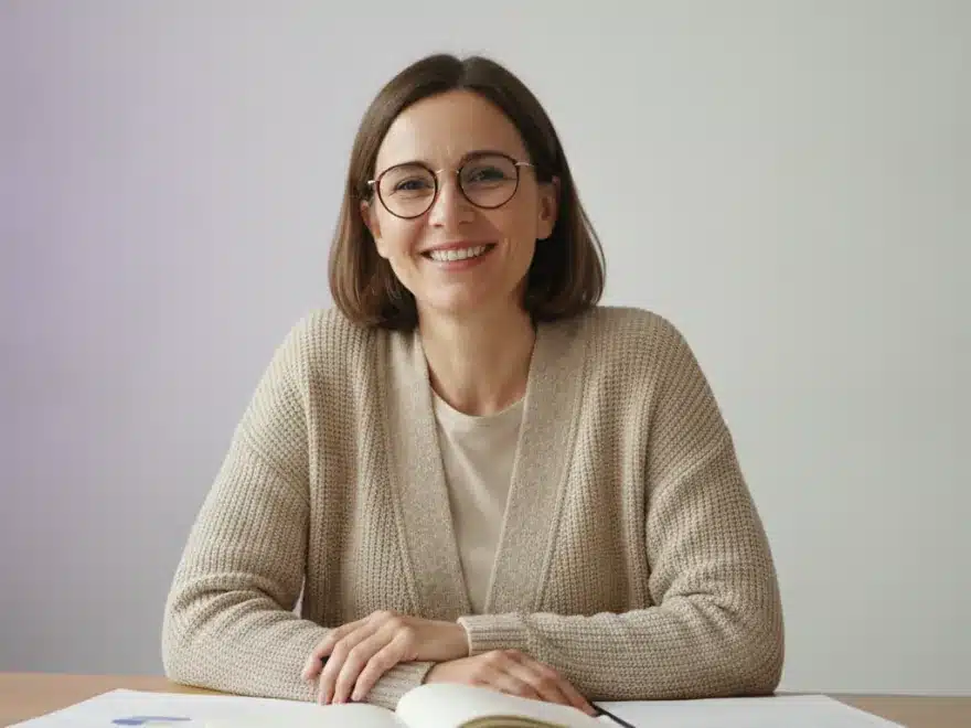 A researcher at her desk correcting a name across a transcript with search and replace in Pictory