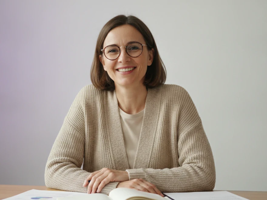 A researcher at her desk correcting a name across a transcript with search and replace in Pictory
