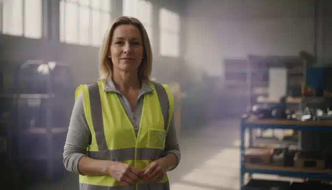 A safety trainer in a bright workshop in a training video with captions added by Pictory