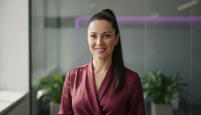 A sales enablement lead smiling in her office, with a checklist turned into an onboarding video by an AI video agent