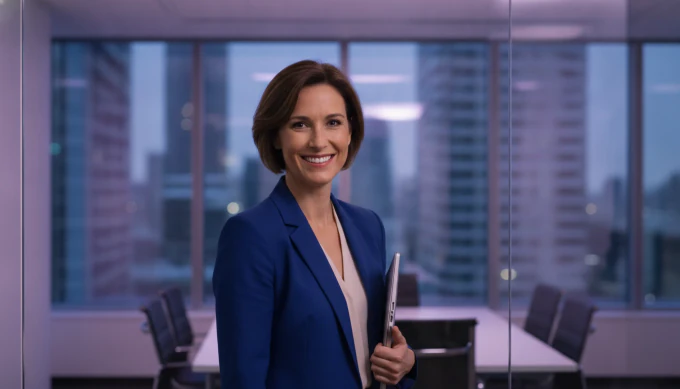 A saleswoman smiling in an explainer video made from her sales deck, with the PowerPoint file and narration ticked off