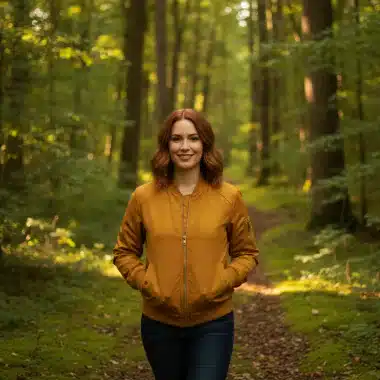 The same woman in a forest and on a city waterfront at sunset, matched to her reference photo