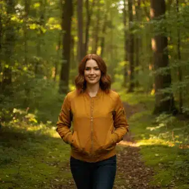 The same woman in a forest and on a city waterfront at sunset, matched to her reference photo