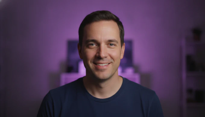 A science creator in his home studio in a 16:9 explainer video for his channel