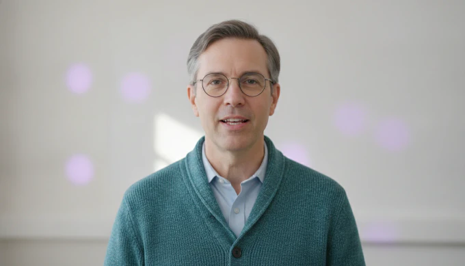 A science teacher in a bright classroom in a lesson video with an animated diagram made in Pictory