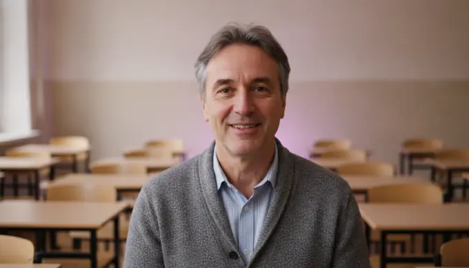 A science teacher in a lesson video that uses an AI-generated illustration