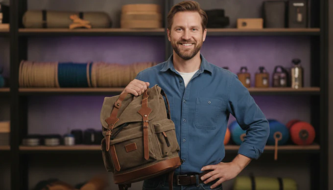 A shop owner holding a backpack in a vertical TikTok product teaser