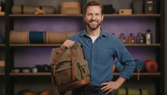 A shop owner holding a backpack in a vertical TikTok product teaser