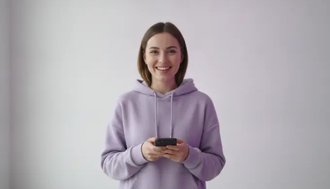 A short-form video creator holding her phone, the maker of faceless vertical videos