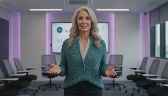 A silver-haired trainer teaching a procedure in a bright training room, with a course made from it by Pictory 3