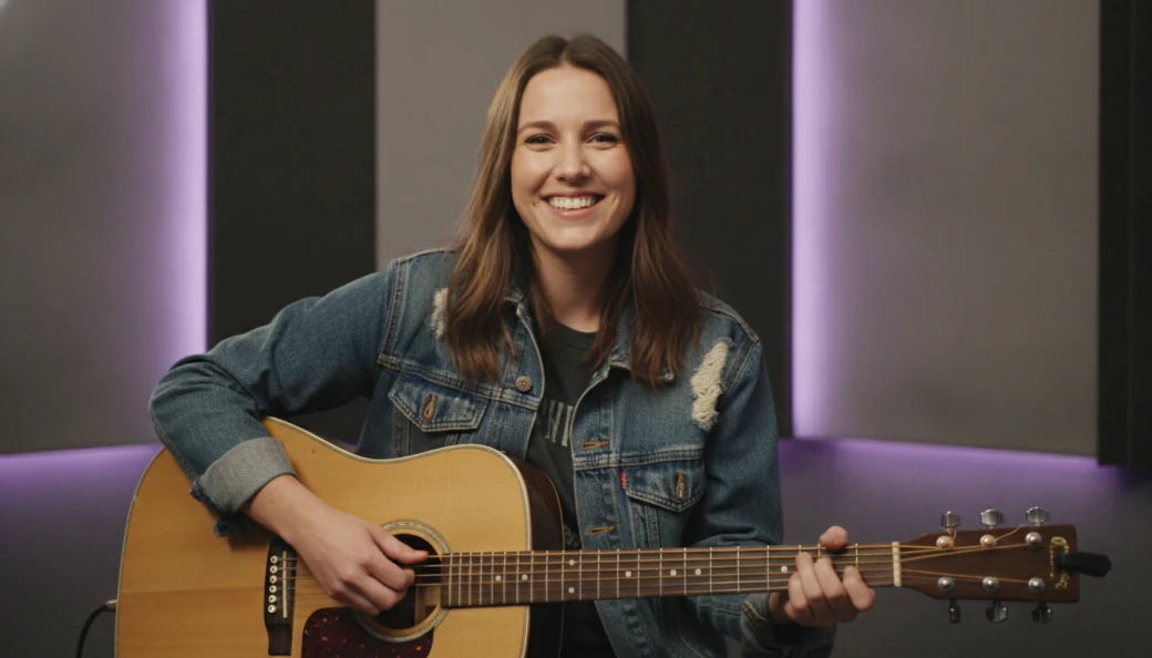 A singer-songwriter with her guitar in a music video made from her song with the Pictory AI music video generator