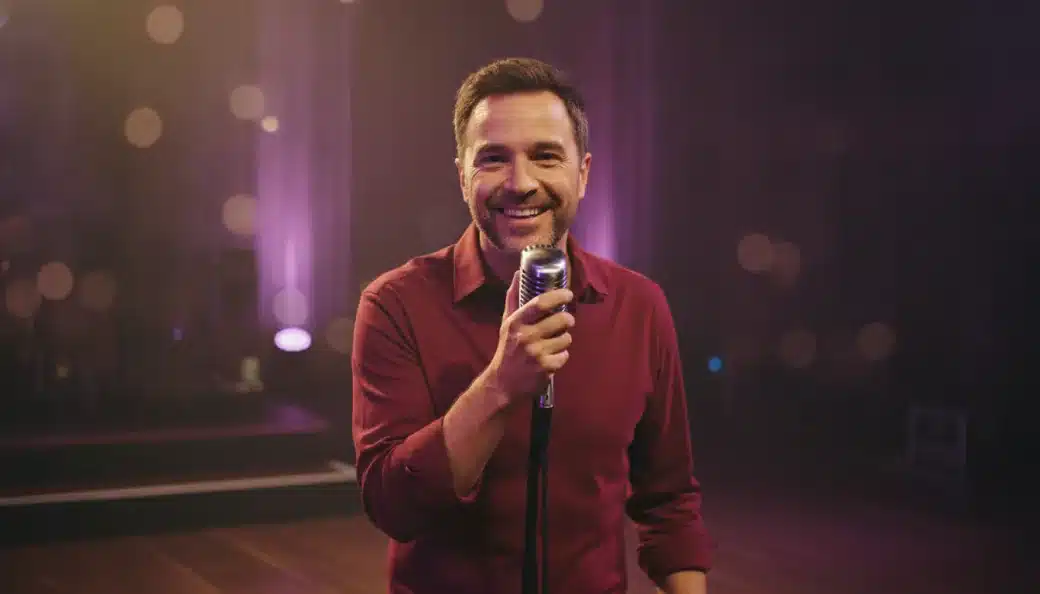 A singer with a microphone on a small stage in a lyric video with the words of his song shown as captions