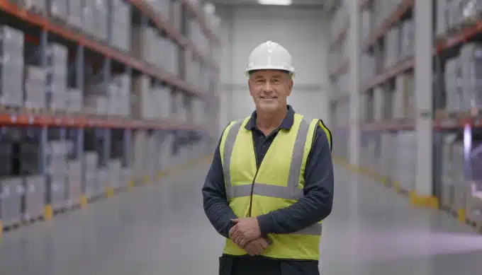 A site manager in a hard hat at a warehouse in a safety video dubbed by Pictory
