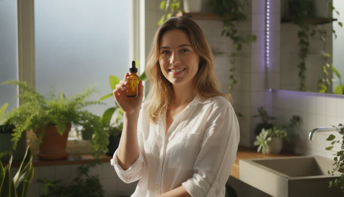 A skincare founder in a sunny bathroom in a vertical product video made from a still photo in Pictory