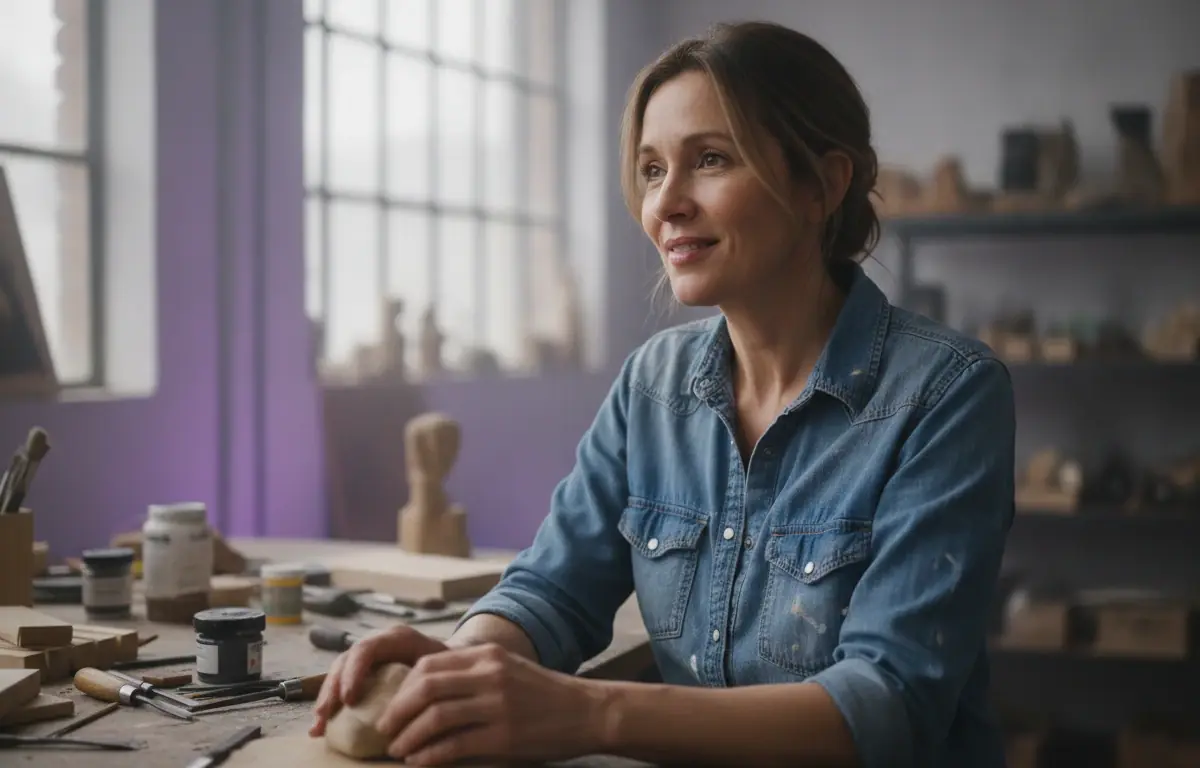 Small business owner at her workbench trying a free AI avatar on her first Pictory video