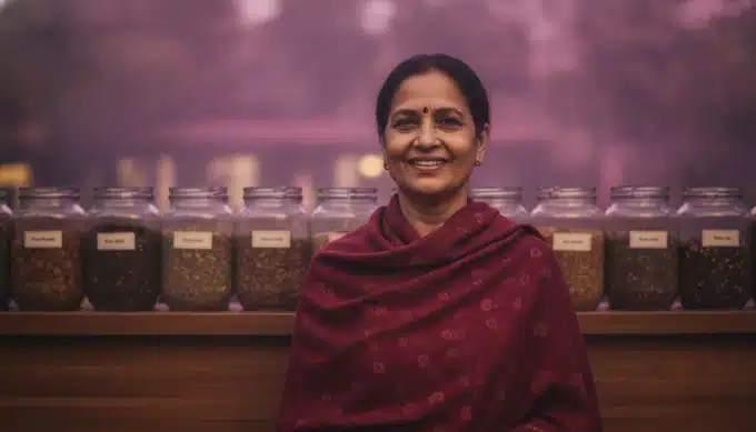 A small business owner in her tea shop in a social video translated into Hindi by Pictory