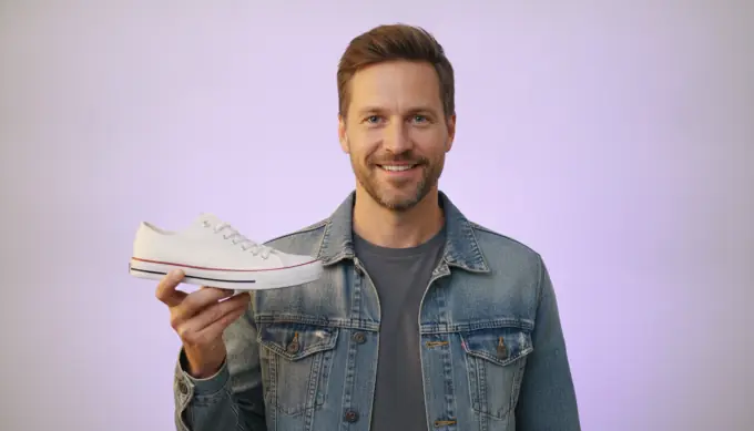 A sneaker shop owner holding a shoe in a product video ad for his online store