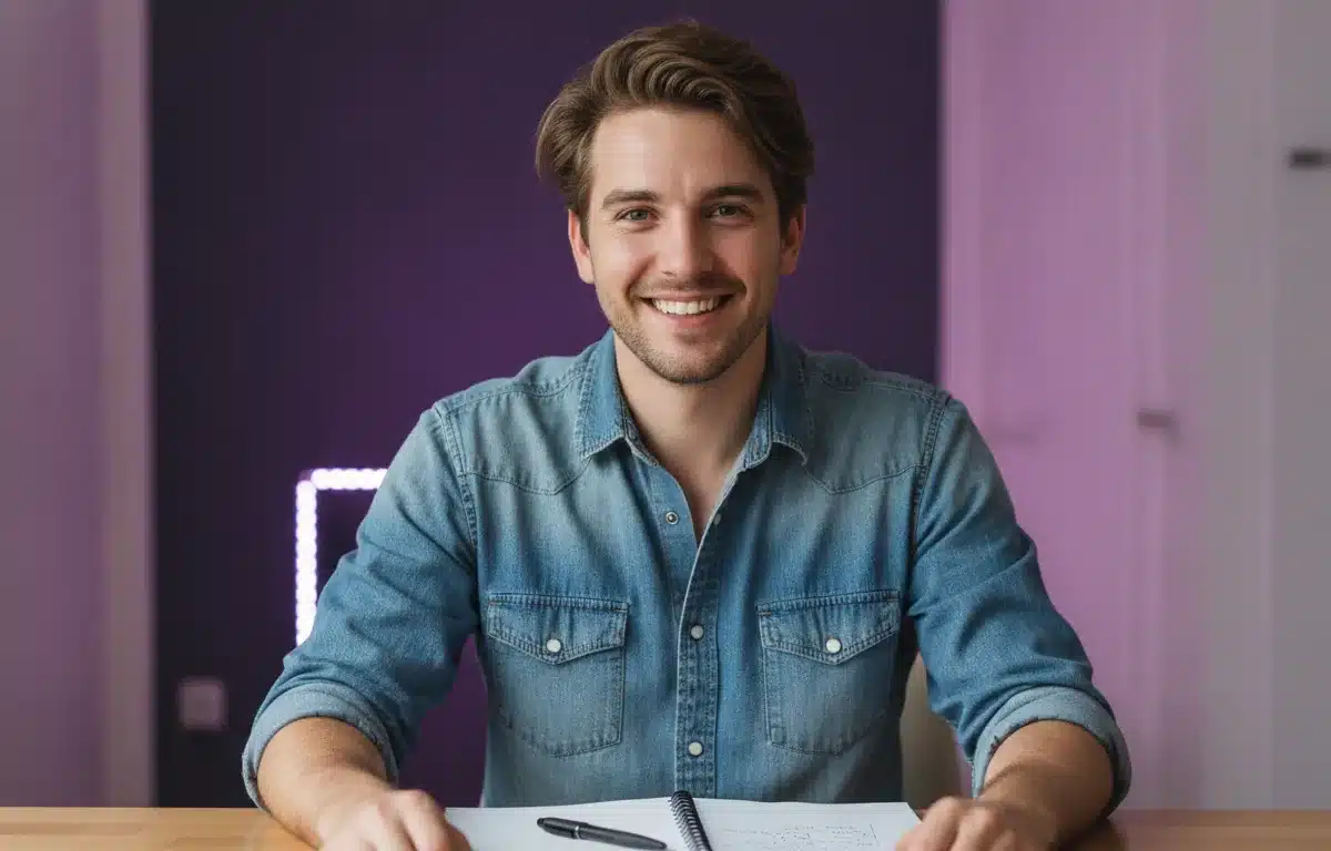 A social media manager at a bright desk after turning a blog post into a vertical video with Pictory