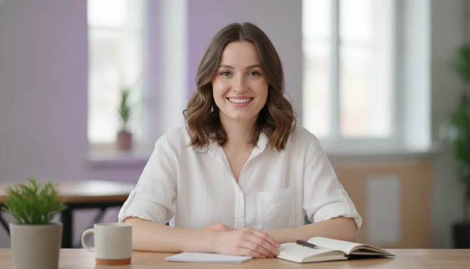 A social media manager at her desk in a vertical video made from one script