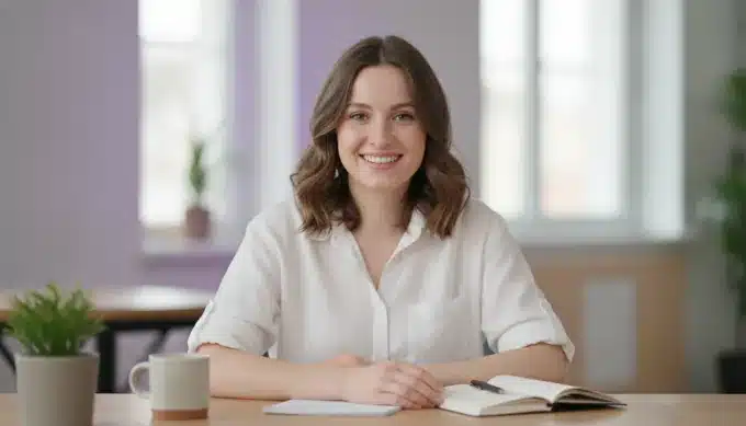 A social media manager at her desk in a vertical video made from one script
