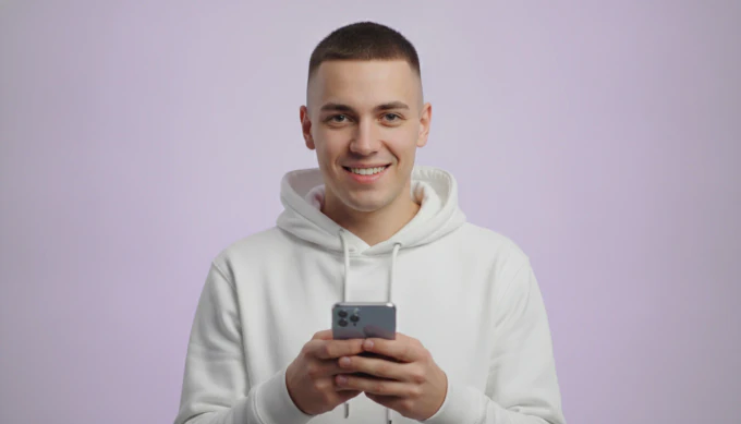 A social media manager holding a phone, with a blog post turned into a vertical video for Shorts and Reels