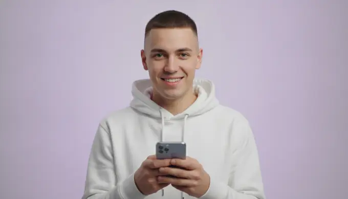 A social media manager holding a phone, with a blog post turned into a vertical video for Shorts and Reels