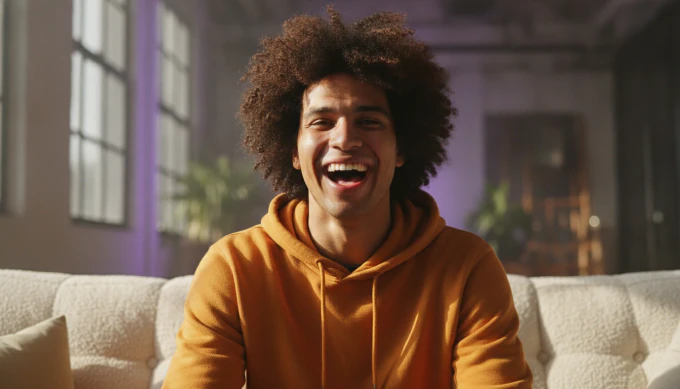 A social media manager laughing on a sofa in a sunny loft, in a vertical clip made with Pictory