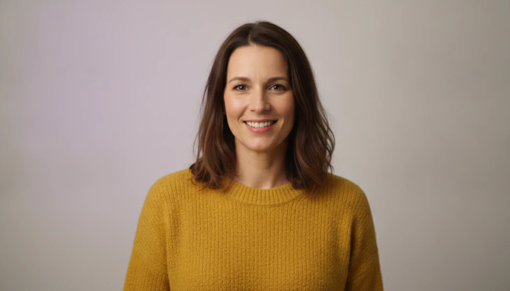 A social media manager smiling at the camera in a bright studio, in a vertical video made with Pictory