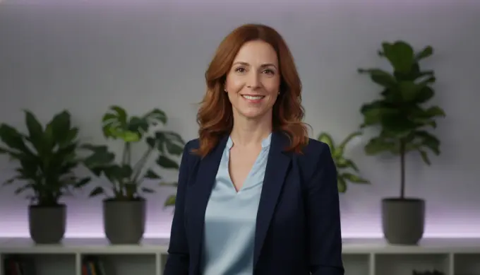 A social media marketer in a video scene built around an AI image she generated from a prompt