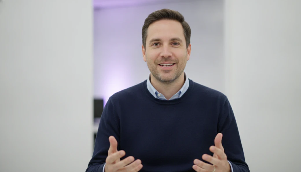 A startup founder explaining an idea with open hands in an explainer video made with Pictory