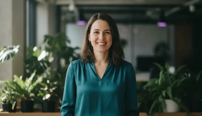 A startup founder in a coworking space in a launch video ad for her app