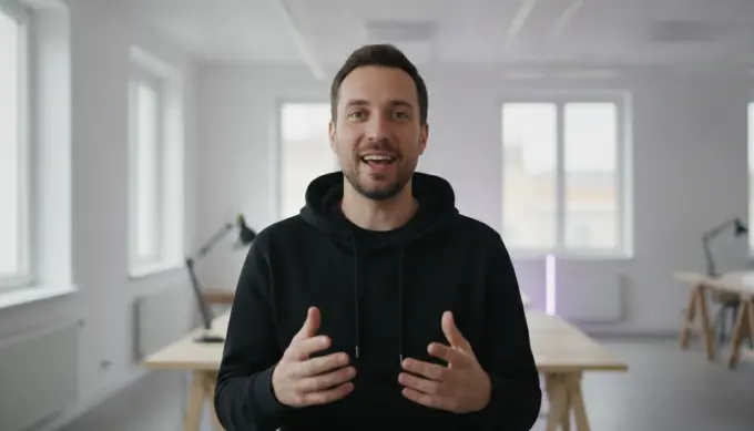 A startup founder talking to the camera in an explainer video made from a one-line product idea