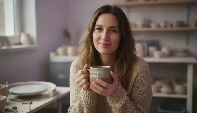 A store owner holding a ceramic mug in a Facebook video ad made from her product page