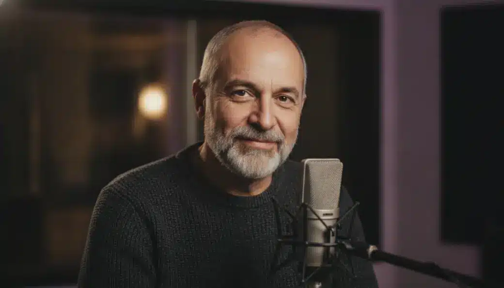 A storyteller at a studio microphone in a captioned video read by Pictory's AI narrator