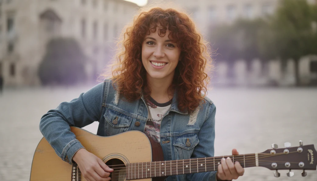 A street musician playing guitar on a sunny square, in a clip with sound made with Omni Flash in Pictory