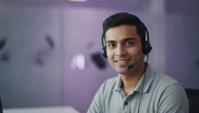 A support agent with a headset in a Pune office in a help video translated into Hindi by Pictory