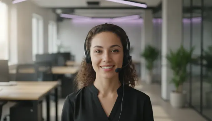 A support specialist wearing a headset in a how-to video made from a PDF user guide