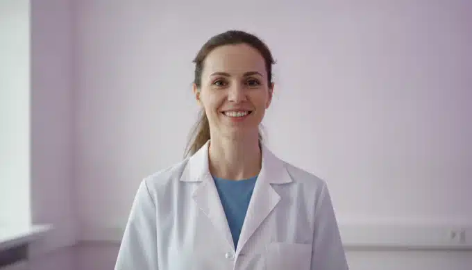 A teacher in a bright classroom in a tutorial video made from an AI-written script