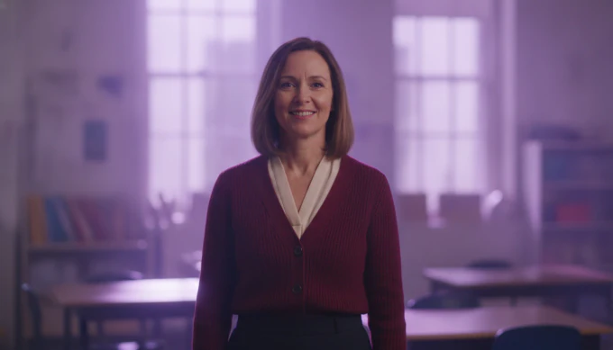 A teacher in a bright classroom in a YouTube lesson made from a web page