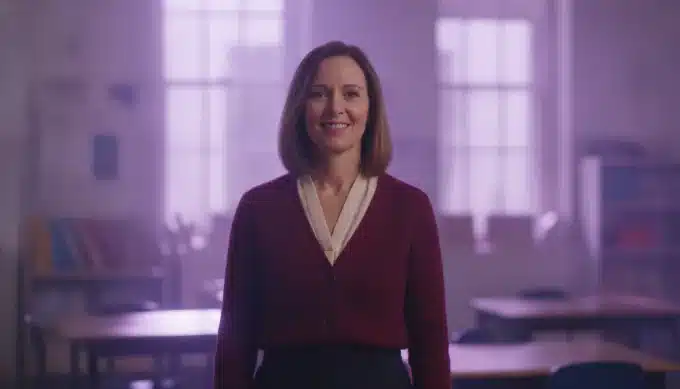 A teacher in a bright classroom in a YouTube lesson made from a web page