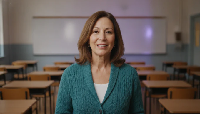 A teacher in a classroom in a concept explainer video for a lesson