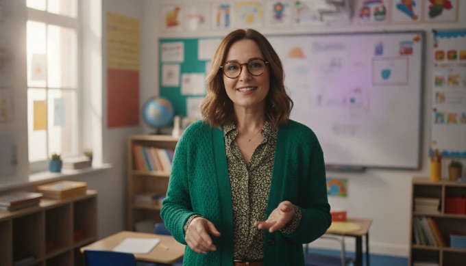 A teacher in a green cardigan explaining a lesson in a bright classroom, with a lesson video made by Pictory