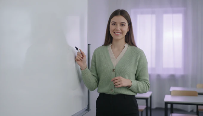 A teacher in her classroom in a lesson video made from her course notes