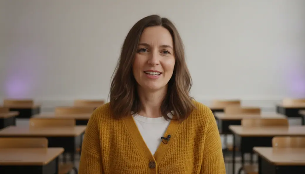 A teacher in her classroom in a quiz video with a question added by Pictory Central