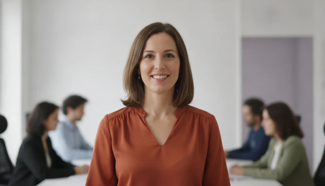 A team lead smiling in a bright shared office, with her team's shared video projects in Pictory