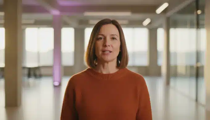 A team lead speaking in an open-plan office in a company update video with AI captions from Pictory